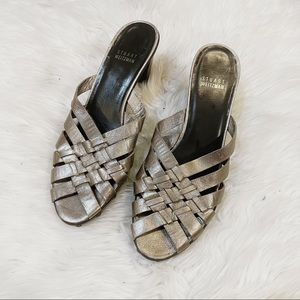 Stuart Weitzman Gold Metallic Basketweave Slip On Open Toe Studded Heels Size 9